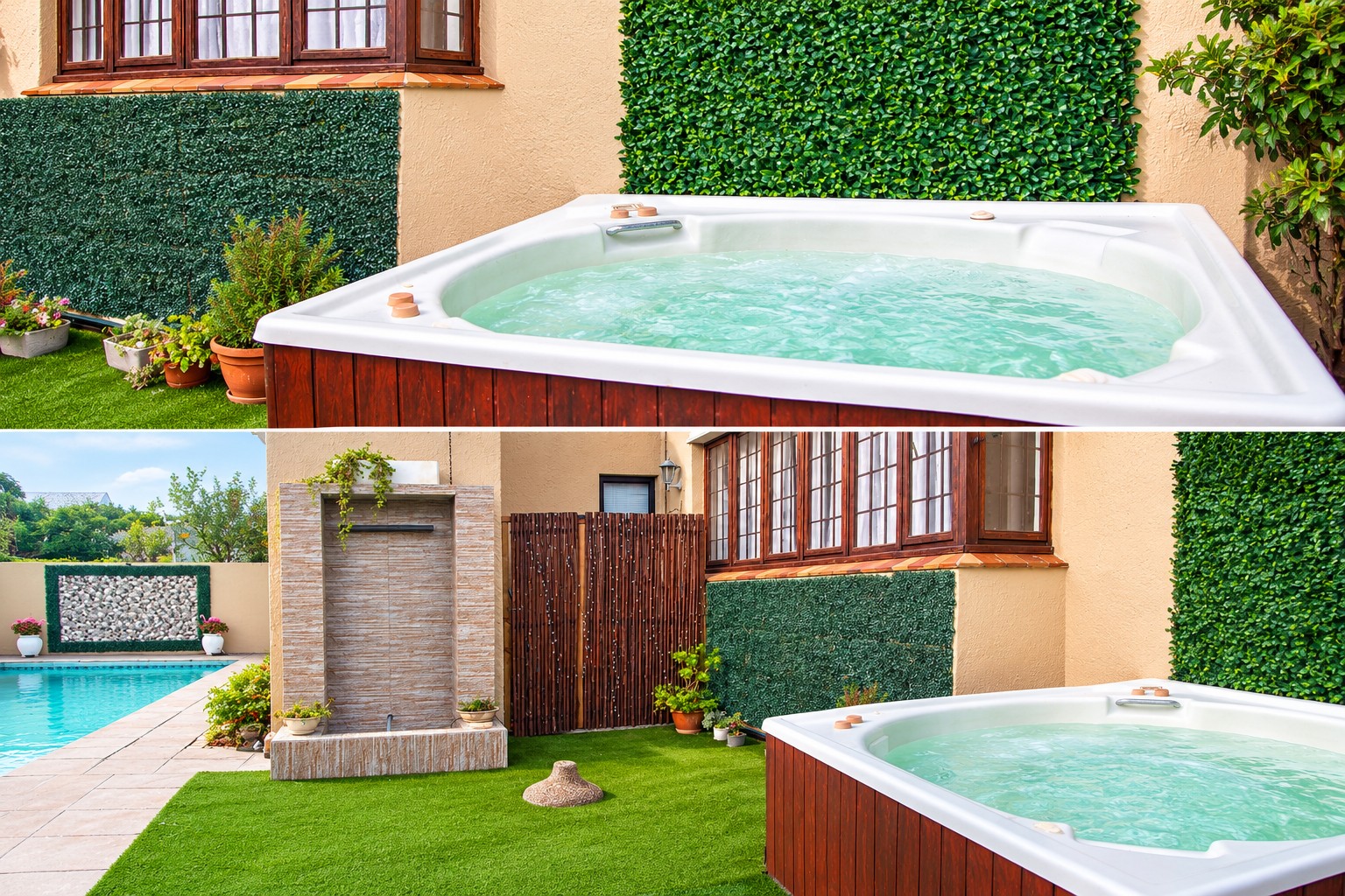 The private jacuzzi at Coastal Charm Cottage, set against a green hedge wall
