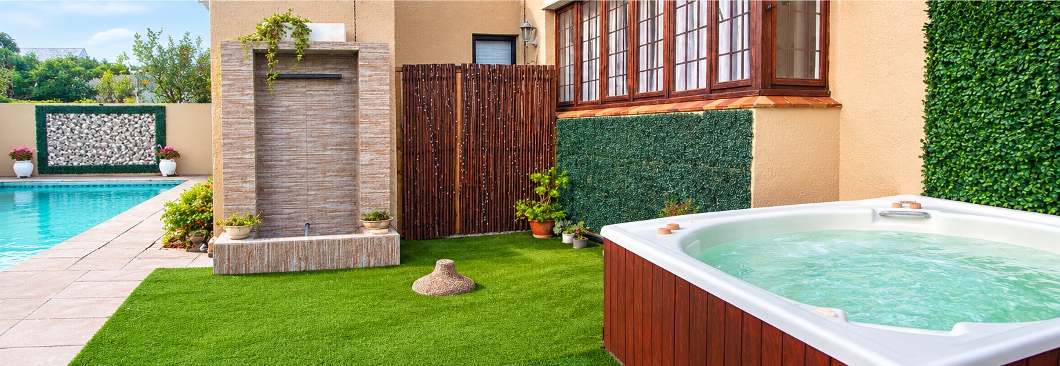 Garden with jacuzzi, water feature and pool